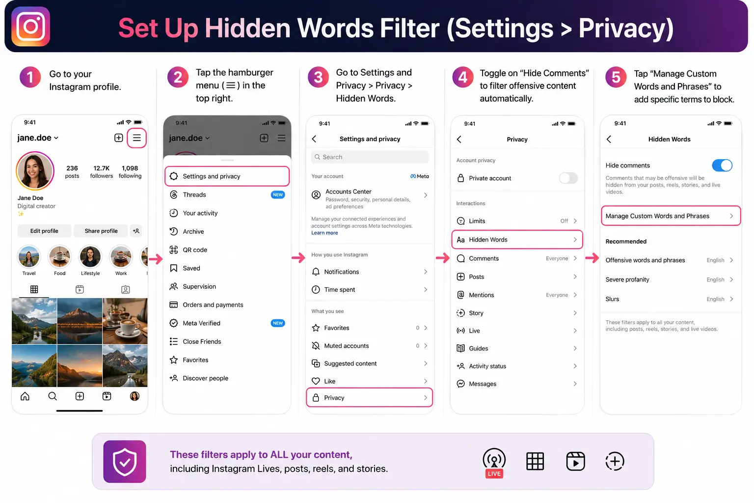 Set Up Hidden Words Filter to hide instagram comments on live stream